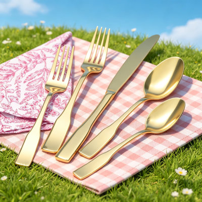 Kate Champagne Gold Mirror 45-Piece Silverware Set, Service For 8, Stainless Steel Flatware, Mirror Polished Cutlery, Dishwasher Safe, Includes Serving Utensils