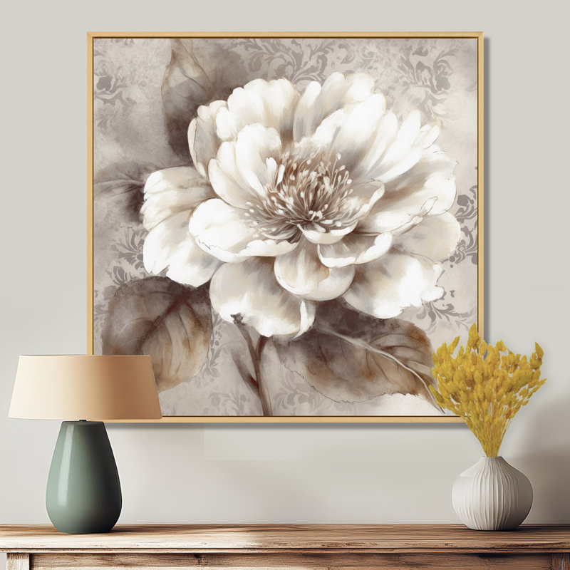 Pivoines grises sur branche III - pivoines, art mural sur toile, H 30 po x l 30 po x P 1 po, Cadre flottant érable