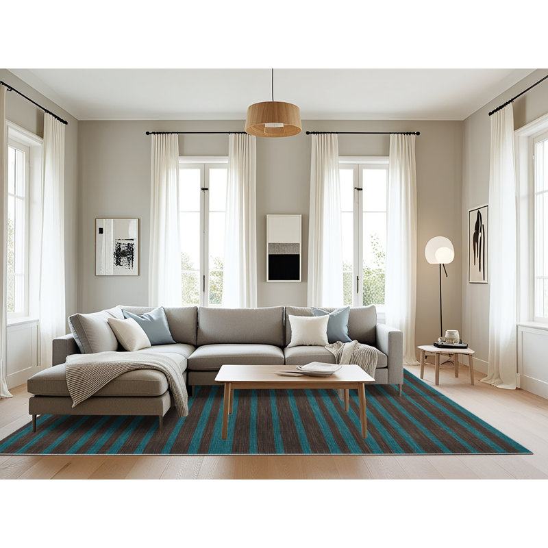 Machine Washable Horizontal Stripes Blue Area Rug, Rectangle 8' x 12'