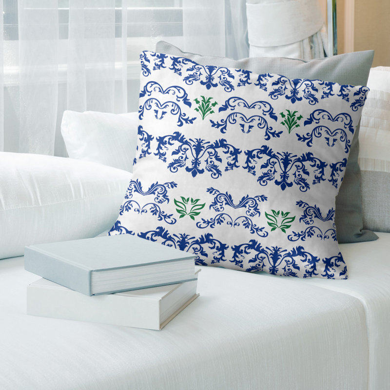 Housse de coussin Seattle Baroque, Croisé en coton, 14 po x 14 po, Blanc / bleu marine / vert
