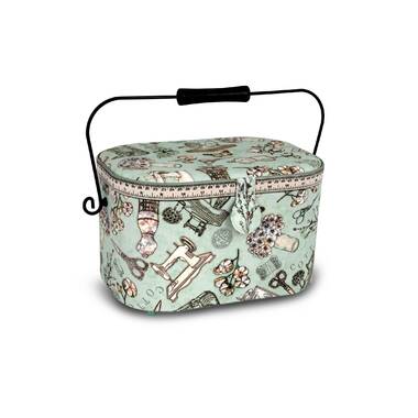 Dritz Oval Sewing Basket with Metal Handle, Large Green Sewing Print