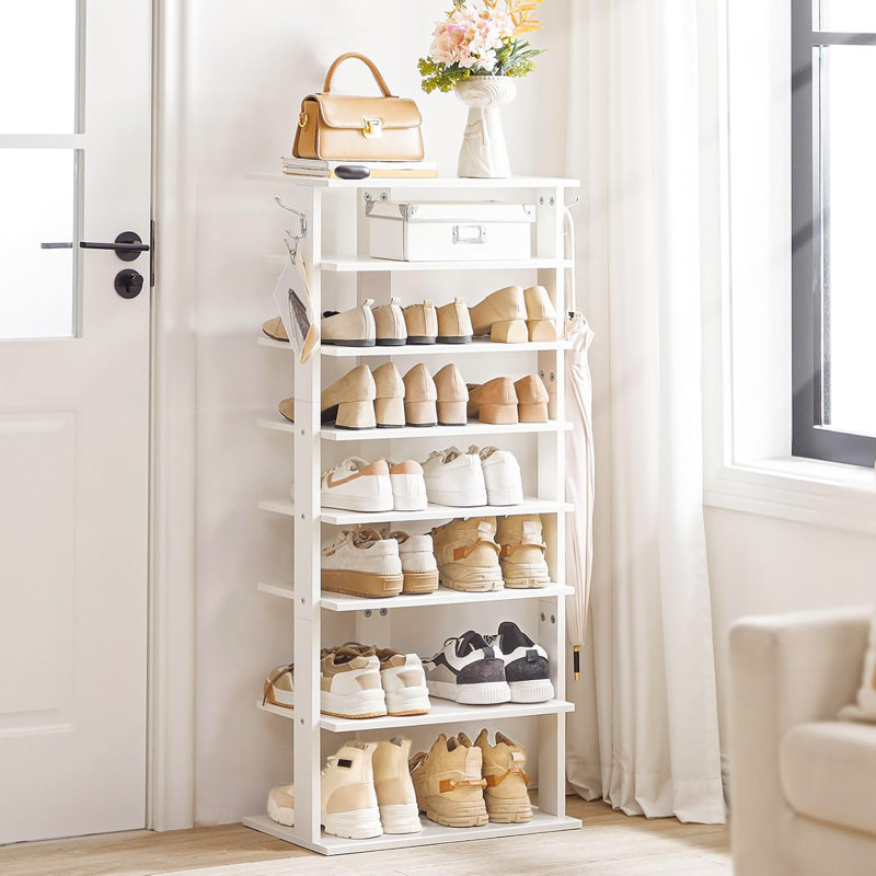 Range-chaussures vertical en bois à 8 niveaux avec crochets, peu encombrant, convient à de multiples décors, Blanc