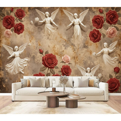 Peel and Stick Wallpaper Vintage Floral Roses Angels Antique Style Wall Murals 69"H x 96"W Removable PVC Wall Paper Self-Adhesive Wall Decor for Bedroom Living Room Home Office