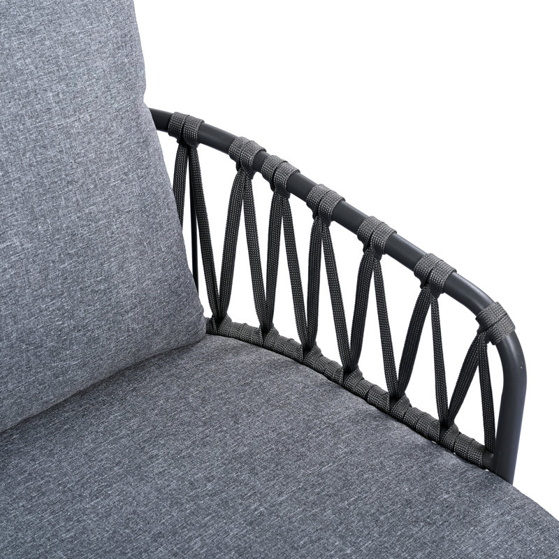 Ensemble de mobilier d'extérieur 4 pièces, chaises en métal avec dossier en forme de U en corde tissée, ensemble de conversation avec coussins épais et table basse pour le jardin, la piscine, le balcon