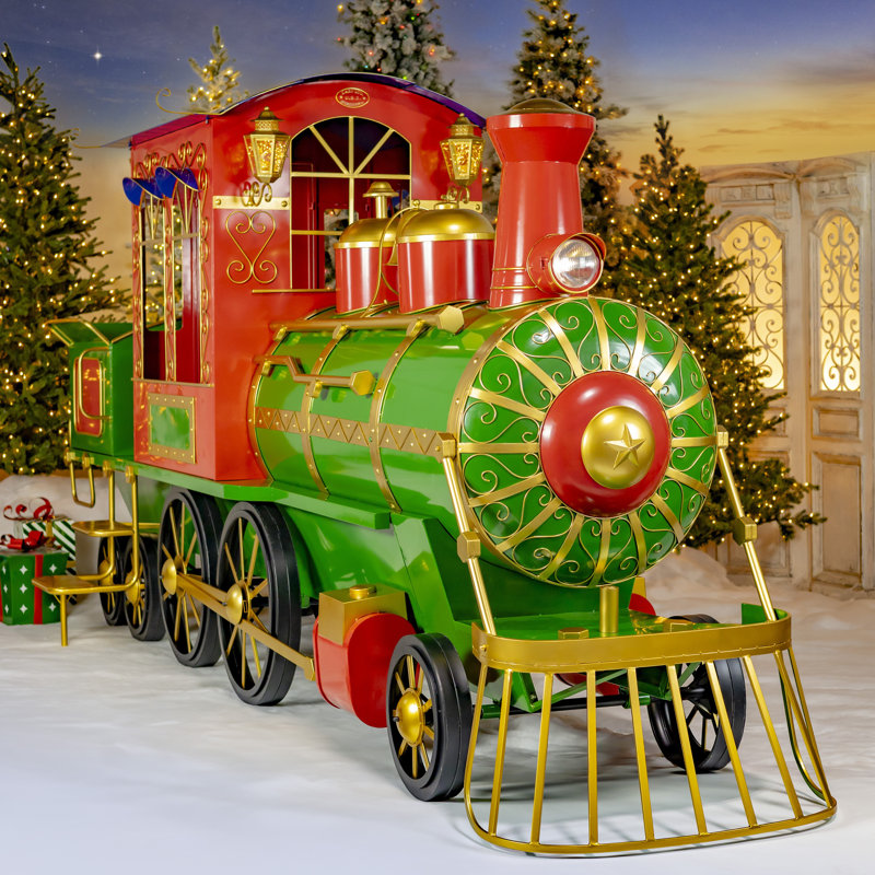 Très grand train de Noël en fer de 16 pi avec chariot et lanternes «Le Père Noël volant», Vert/rouge