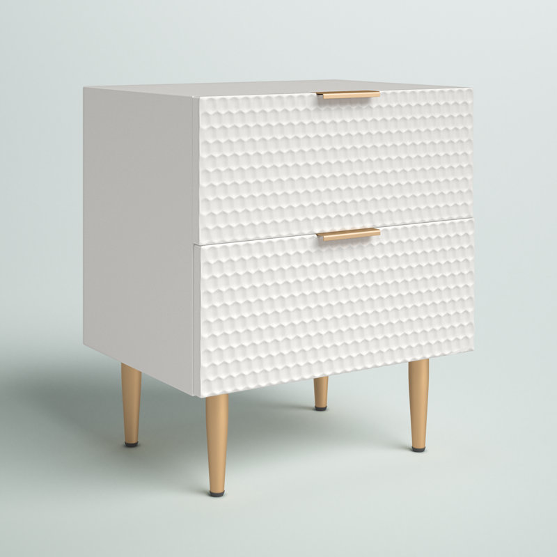 White Honeycomb 2-Drawer Side Table with Gold Accents