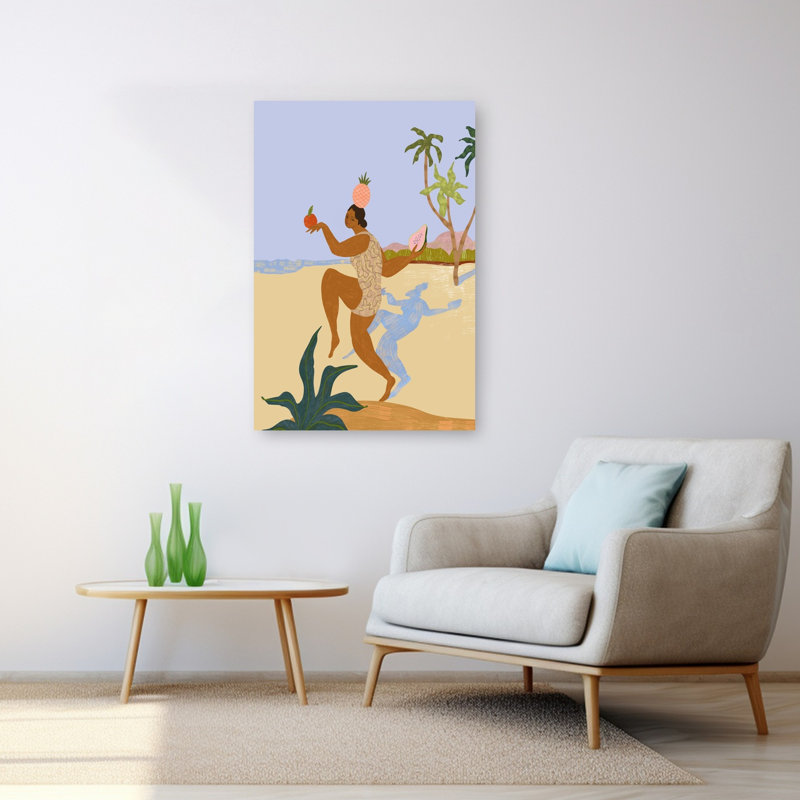 «Balancing Act», impression abstraite de palmiers colorés, océan, 48" H x 32" W