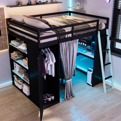All - In One Full Size Wood Loft Bed With Wardrobe, Shelves, Blackout Curtains, Lights And A Spacious Workstation For Multiple Uses Integrated Shelving, Curtains Lighting Small Spaces