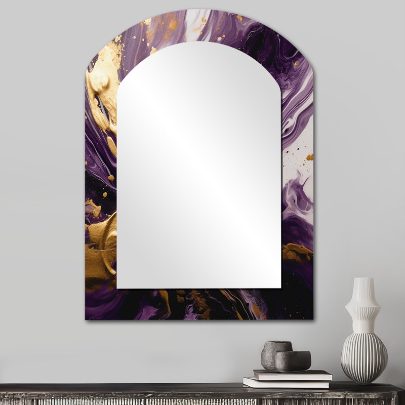 Purple and Gold Liquid Magic I - Abstract Irregular Shape Large Wall Mirror, Modern Asymmetrical Unique Mirror, Printed Metal Art
