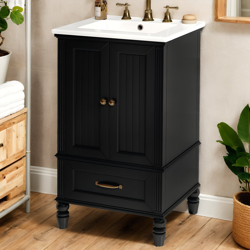 Meuble-lavabo de 20 po avec lavabo, armoire de salle de bain avec deux portes, butoir de porte magnétique et patins réglables, tiroir, noir