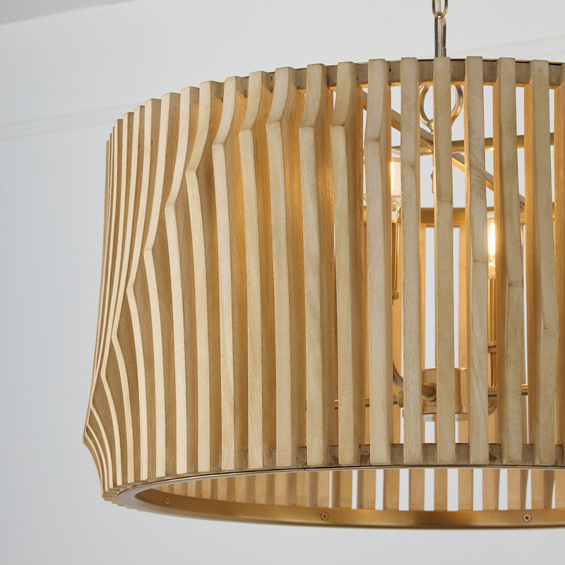 24" W x 15" H 4-Light Pendant in Matte Brass and Handcrafted Blonde Mango Wood, 24"W x 15"H