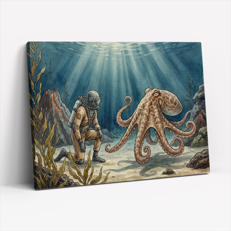 «Underwater Diver And Octopus», ensemble de 1 reproduction d'art sur toile tendue, H 24 po x l 36 po