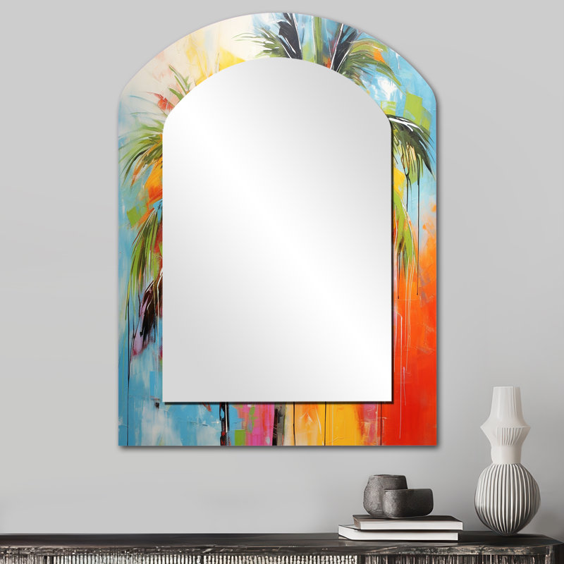 Popart Palm Trees I - Palm Trees Asymmetrical Mirror, Traditional Arch Unique Wall Mirror, Printed Metal Art, 34" x 25"