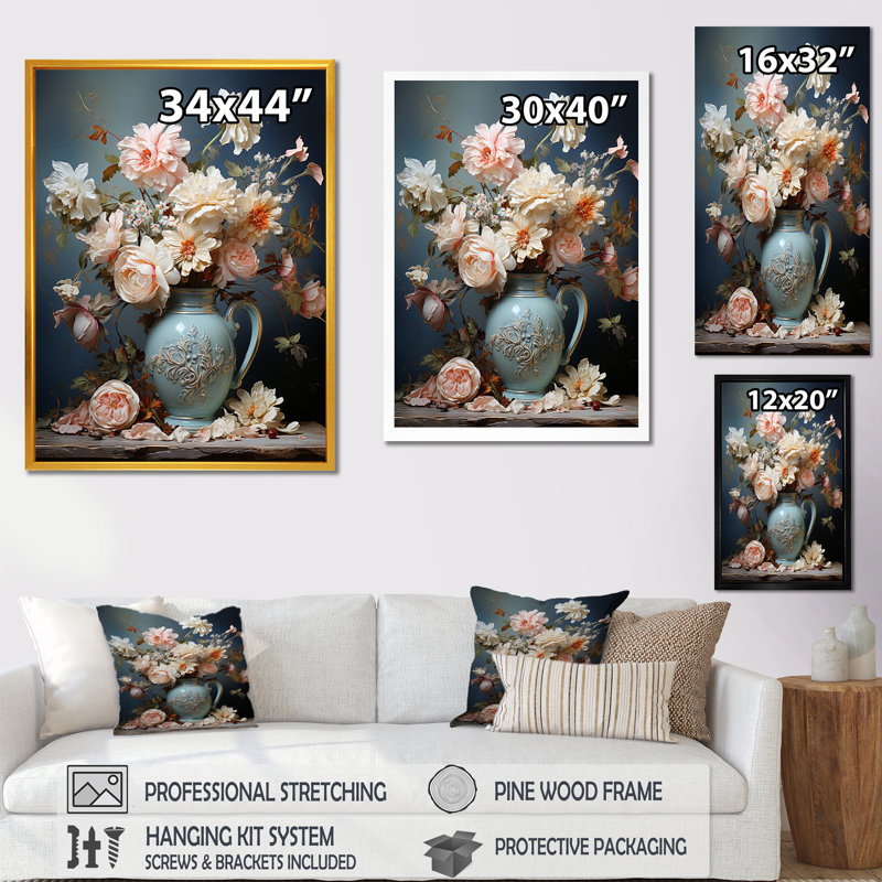 Décoration florale rose rococo raffinée - poterie bohème, Cadre doré simple, H 40 po x l 30 po x P 1,5 po