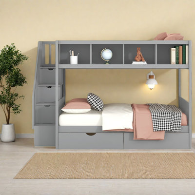 Lit superposé simple au-dessus de double, en bois massif avec rangement, gris moderne