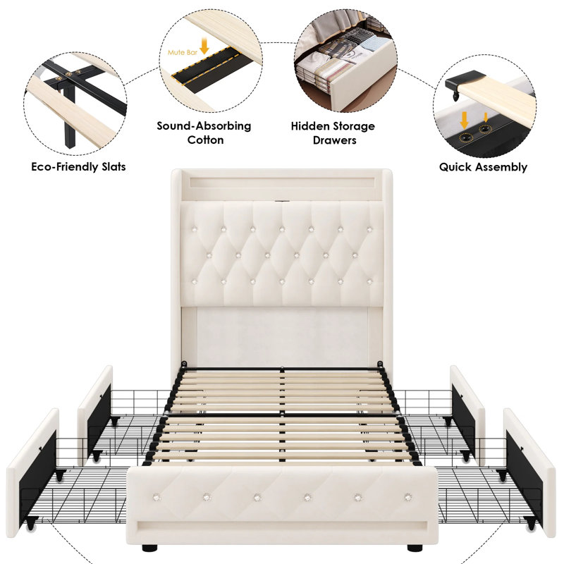 Glastonbury Upholstered Wingback Bed, 4 Drawers Storage Bed with LED Light