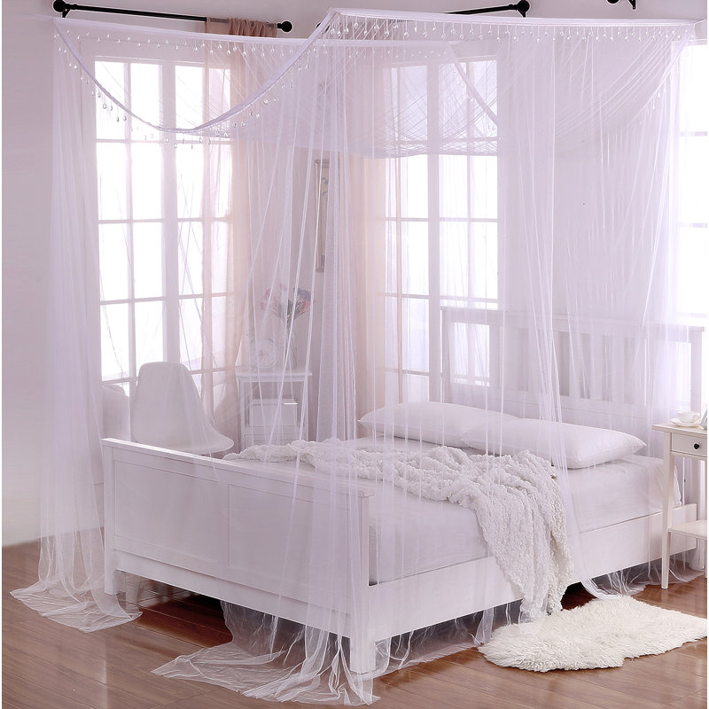 White Polyester Square 4-Post Bed Canopy with Mosquito Netting