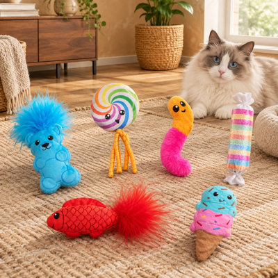 Ensemble de 6 jouets en peluche multicolores à l'herbe à chat, en forme de gâterie, avec matière crissante et plumes
