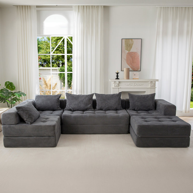 Boneless U Shaped Modular Sectional Sofa Couch, 15" H x 125" W x 63" D, Gray Corduroy