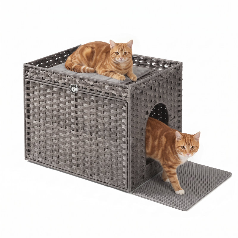 Meuble à litière en rotin tissé à la main Boho avec tapis de litière supplémentaire et plateau lavable amovible, Gris