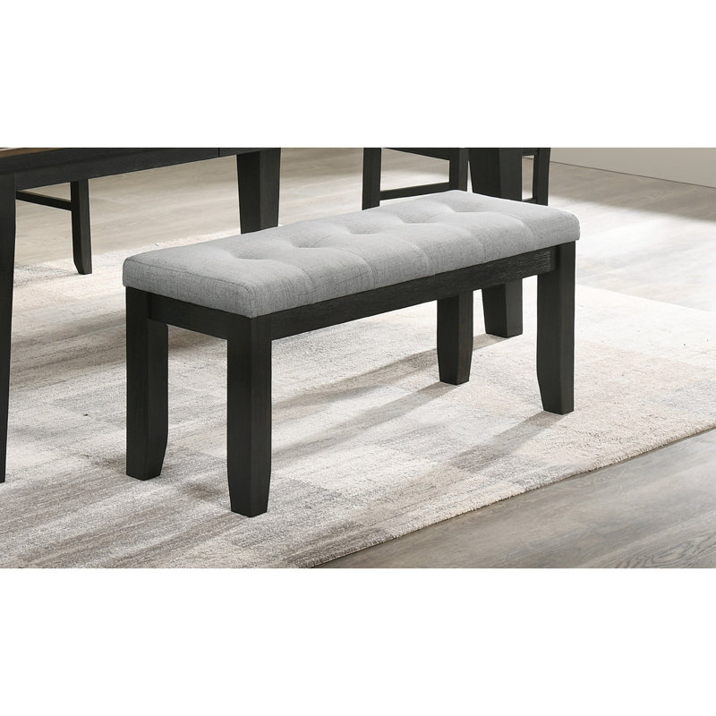 Banc contemporain avec revêtement en lin gris et pieds fuselés en bois, meuble rectangulaire