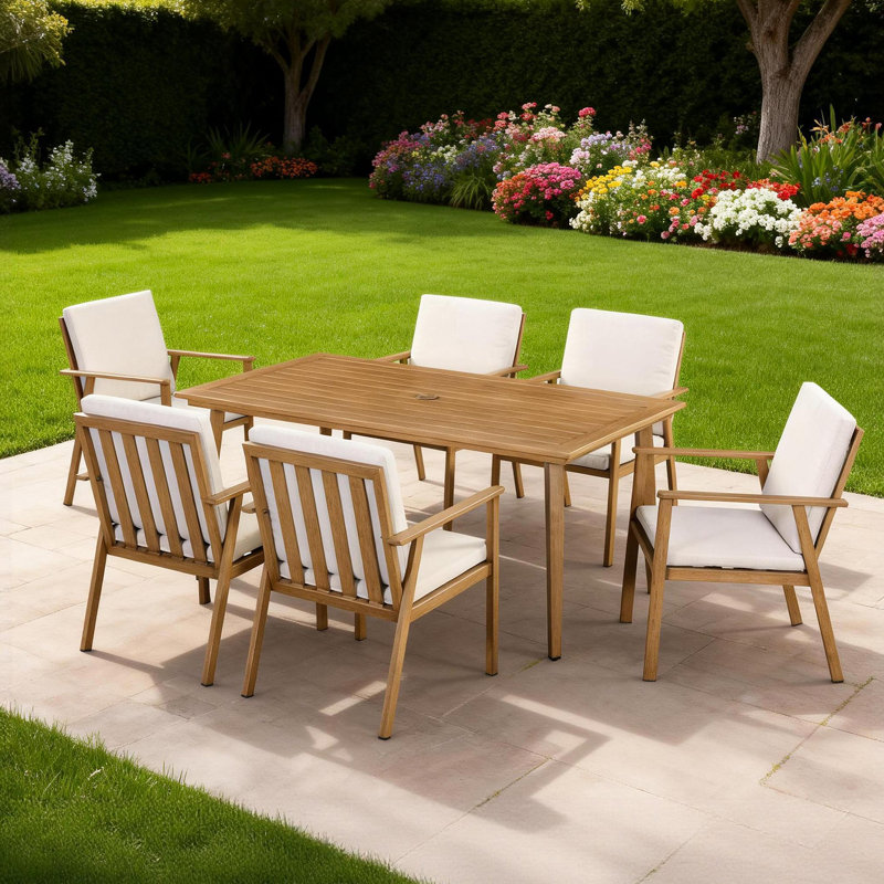 Ensemble de salle à manger d'extérieur 7 pièces en teck et aluminium avec table rectangulaire et chaises de jardin avec coussins