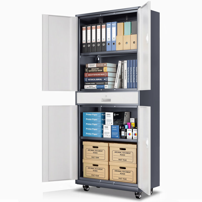 73" Metal Storage Cabinet, Garage Storage Organizer with Wheels, Locking Doors, Drawer and Adjustable Shelves, White