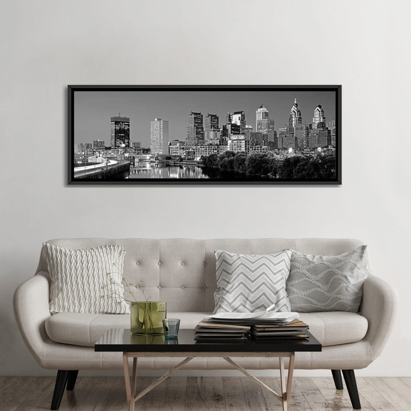 «Panoramic U.S. Pennsylvania, Philadelphia Skyline, Night», reproduction de photo sur toile en noir et blanc, Toile tendue