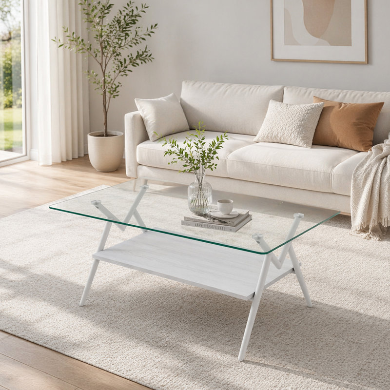 Ensemble de 3 tables basses et tables de bout, table en verre trempé avec panneau de fibres à densité moyenne, verre transparent