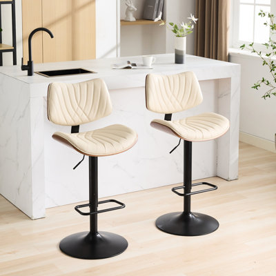 Adjustable Height Bar Stools, Walnut & Faux Leather, 360° Swivel, Stable Base, Beige, Of 2 For Kitchen Island/dining Room Counter Rotation, Kitchen/dining Room/cafe