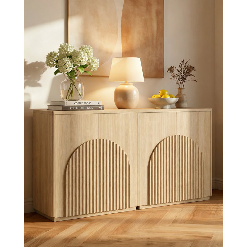 Buffet 64 po courbé avec portes arquées symétriques pour salon, bar et cuisine (ensemble de 2), Chêne