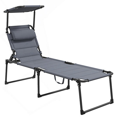 Outdoor Lounge Chair, Adjustable Backrest Folding Chaise Lounge, Cushioned Chair With Sunshade Roof & Pillow Headrest