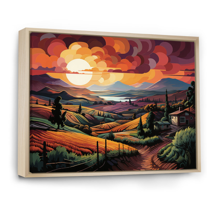 «Vineyard Sunset Rows Of Ruby Landscape III», reproduction sur toile, H 16 po x l 32 po x P 1 po, Cadre naturel flottant