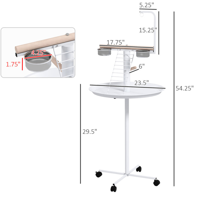 Support pour perroquet, blanc - avec roues portatives, perchoirs, bols en acier inoxydable et plateau rond pour le support à oiseaux