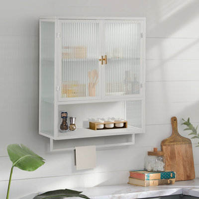 Armoire murale moderne à deux portes de 23,62 po avec deux portes, un rangement fermé à deux niveaux, une tablette ouverte et un porte-serviettes, pour le vestibule, le salon, la salle à manger et la salle à manger
