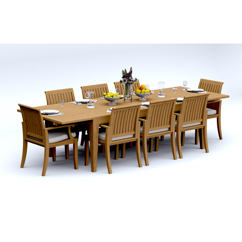 Ensemble de salle à manger 7 pièces en bois de teck de qualité A: table rectangulaire à double extension Caranas de 122 po et 6 chaises à accoudoirs Lagos # 11LG2906
