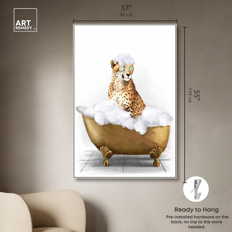 «Bathtime Cheetah», reproduction d'art sur toile par Art Remedy, H 55 po x l 37 po, Cadre argenté