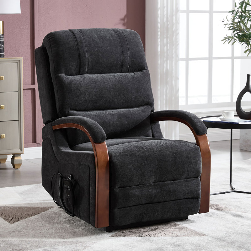 Aura Dual Motor Power Lift Chenille 180° Recliner With Wooden Armrests, Heated Massage, Side Pockets, Black