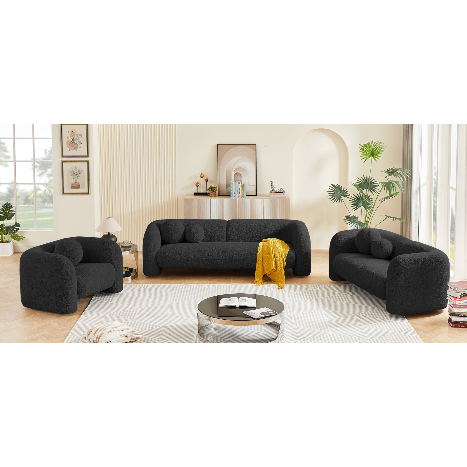 Carmina 89" Sofa, Black Boucle Fabric