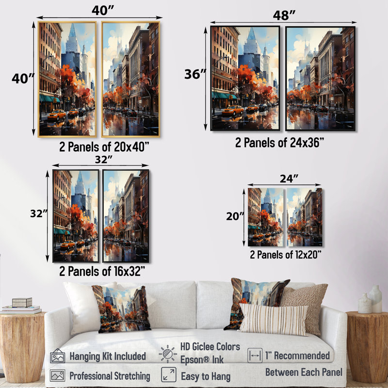 «Autumn New York City Breeze», reproduction d'art sur toile orange, H 40 po x l 40 po, Impression encadrée flottante, Doré