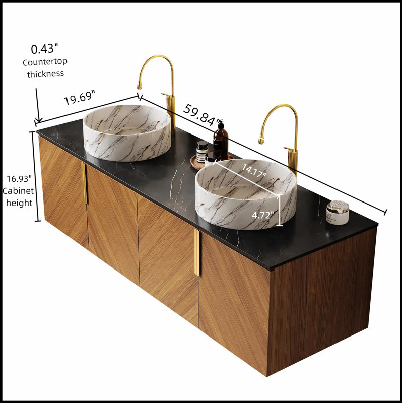 Meuble-lavabo flottant mural moderne avec 4 portes, comptoir en pierre frittée, 2 lavabos en céramique blanche et rangement spacieux