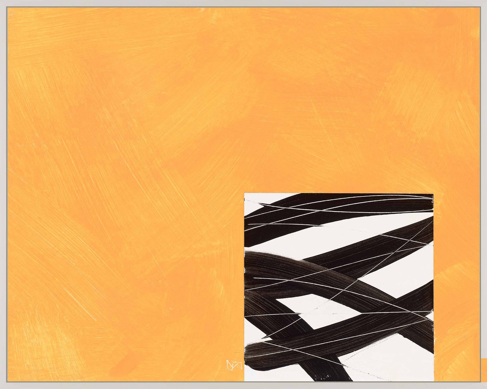 Composition With Yellow 2 by Robert Kamnatnik, White Framed Canvas, 17.5" H x 25" W x 1.38" D
