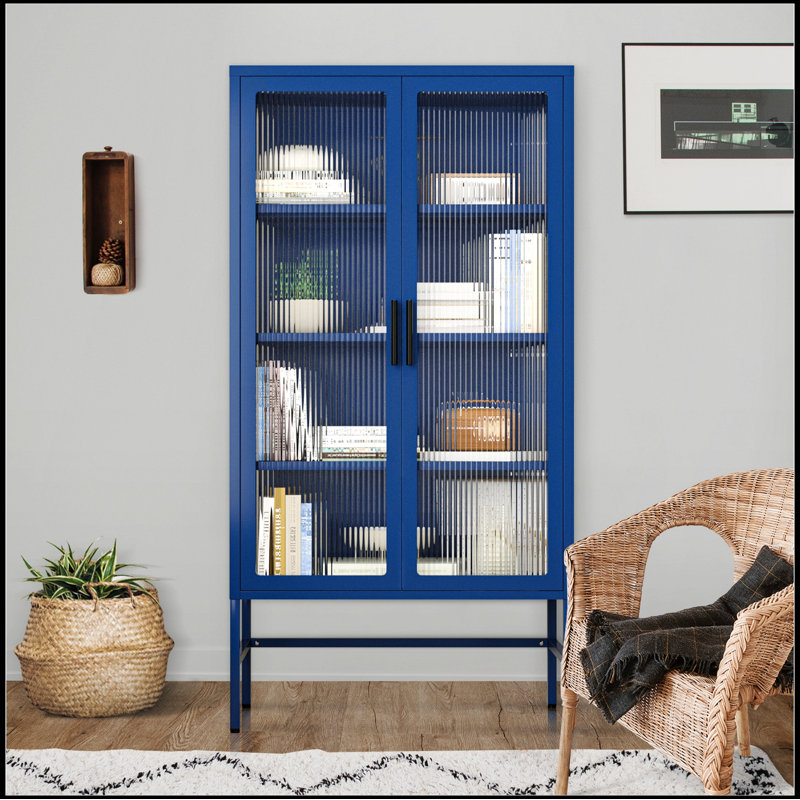 Armoire de rangement à double porte vitrée avec tablettes réglables Fioranna, Bleu