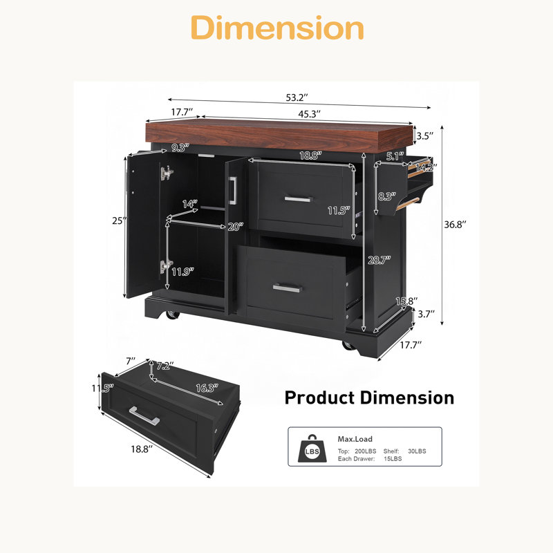 53" Large Kitchen Island With 3.5" Thick Desktop, Spice And Towel Racks, Rolling Kitchen Island With Storage On 5 Wheels