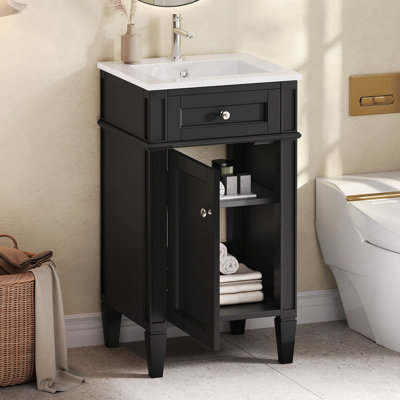 Meuble-lavabo de salle de bain avec lavabo en céramique, ensemble de meuble-lavabo simple autoportant avec porte à fermeture douce, tablette réglable, style français, pieds pleins