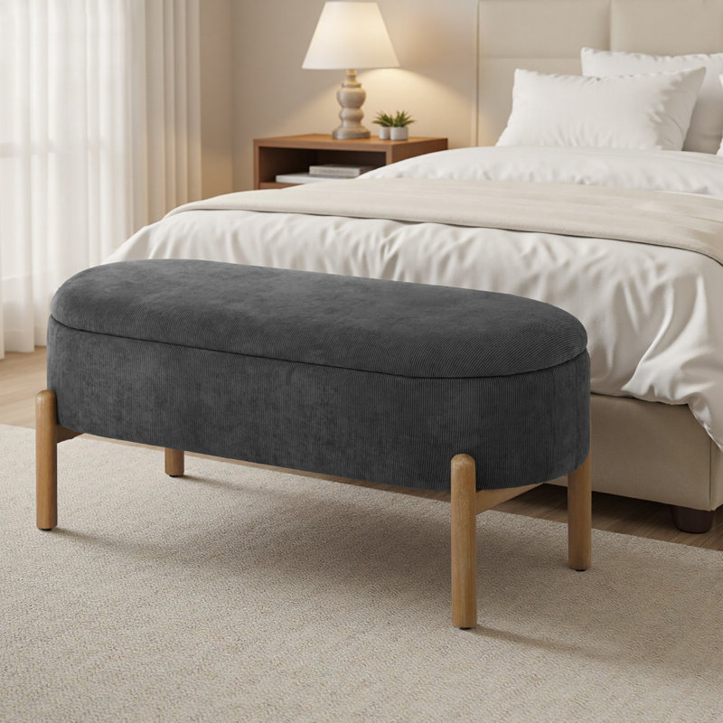 Upholstered Storage Bench with Wooden Legs, Gray