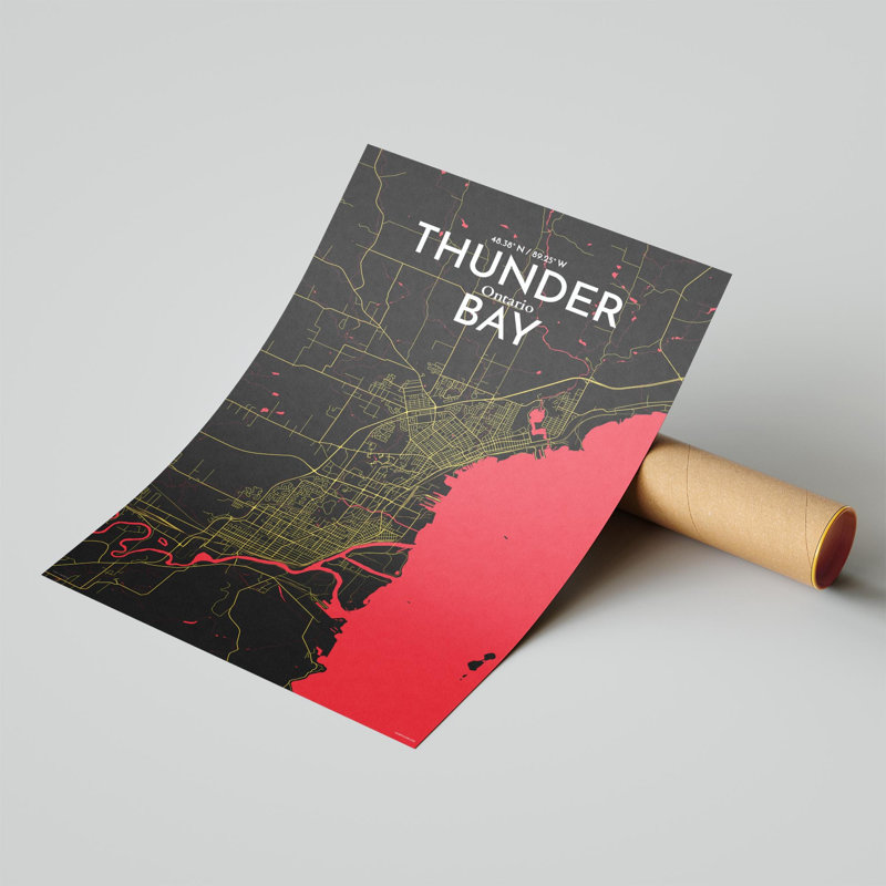 Thunder Bay City Map, impression, H 17 po x l 11 po, Noir / rouge / jaune