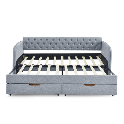 Twin Size Upholstery Daybed With Trundle Bed And Two Storage Drawers , Flat Arms With Pocket, Extendable Daybed For Bedroom Living Room