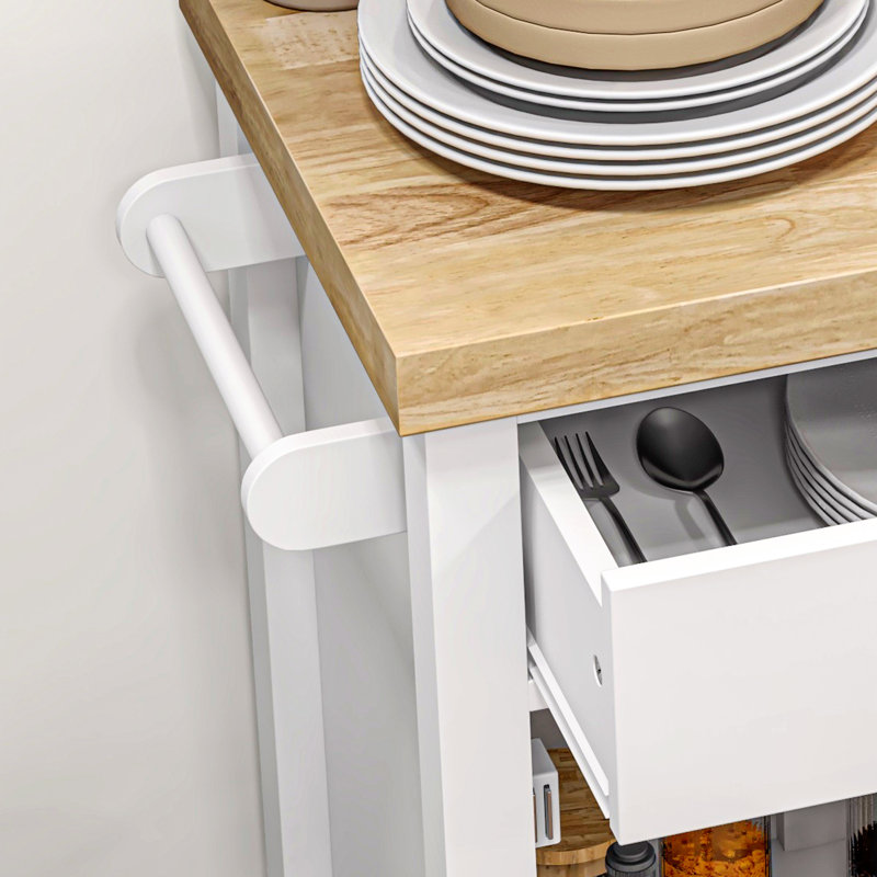 Aidric Kitchen Island with Butcher Block Top and Locking Wheels, White