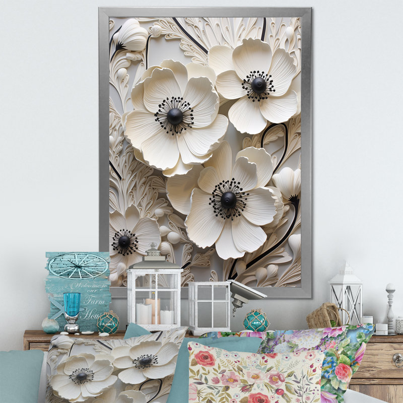 " White Buttercups On Beige Simplicity II ", Silver Picture Framed, 44" H x 34" W